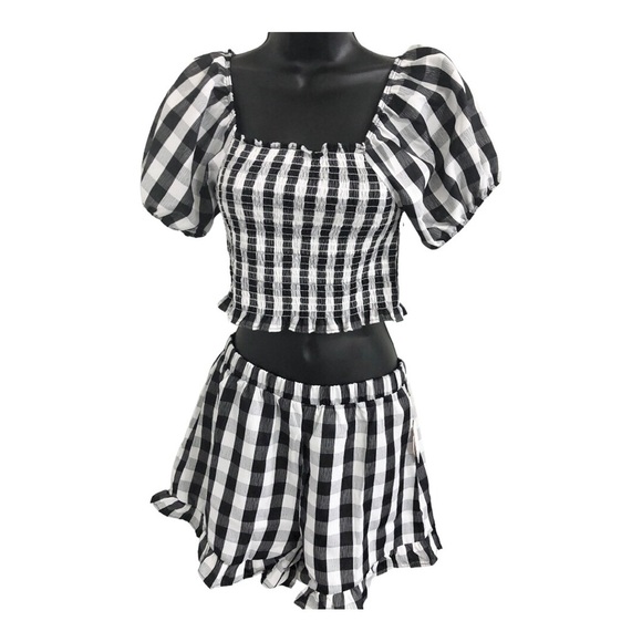 2pc black white checkered gingham ruffle hem smocked top printed shorts set - Picture 1 of 12